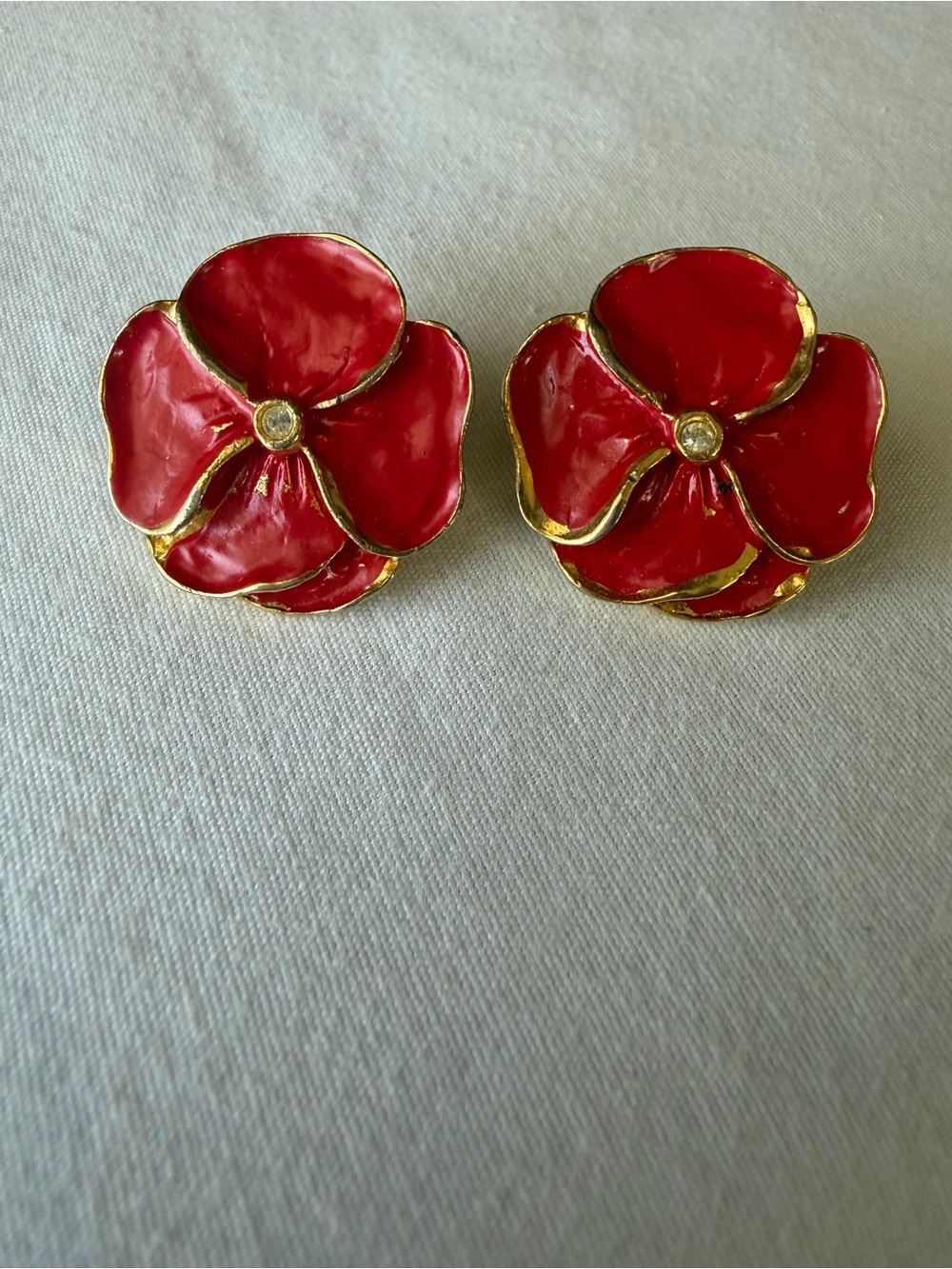 Vintage USA Red Enamel Flower Statement Earrings Gold Tone